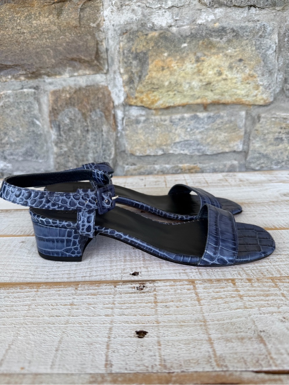 Maryam Nassir Zadeh Navy Croc-Embossed Low Block Heel Sandals - Picture 4 of 7